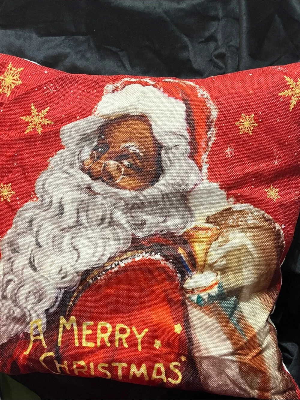 Black Santa Christmas Pillow Cover 17” Red Gold African American Holiday Decor